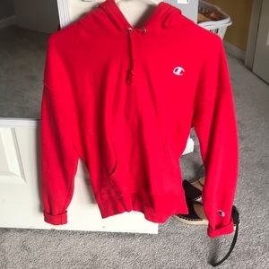 woman's red champion sweatshirt